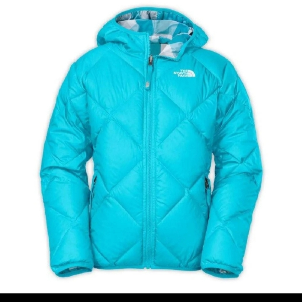 The North Face Girls Jacket Kids Child 550 Down Fill Puffer Blue Green L 14 16